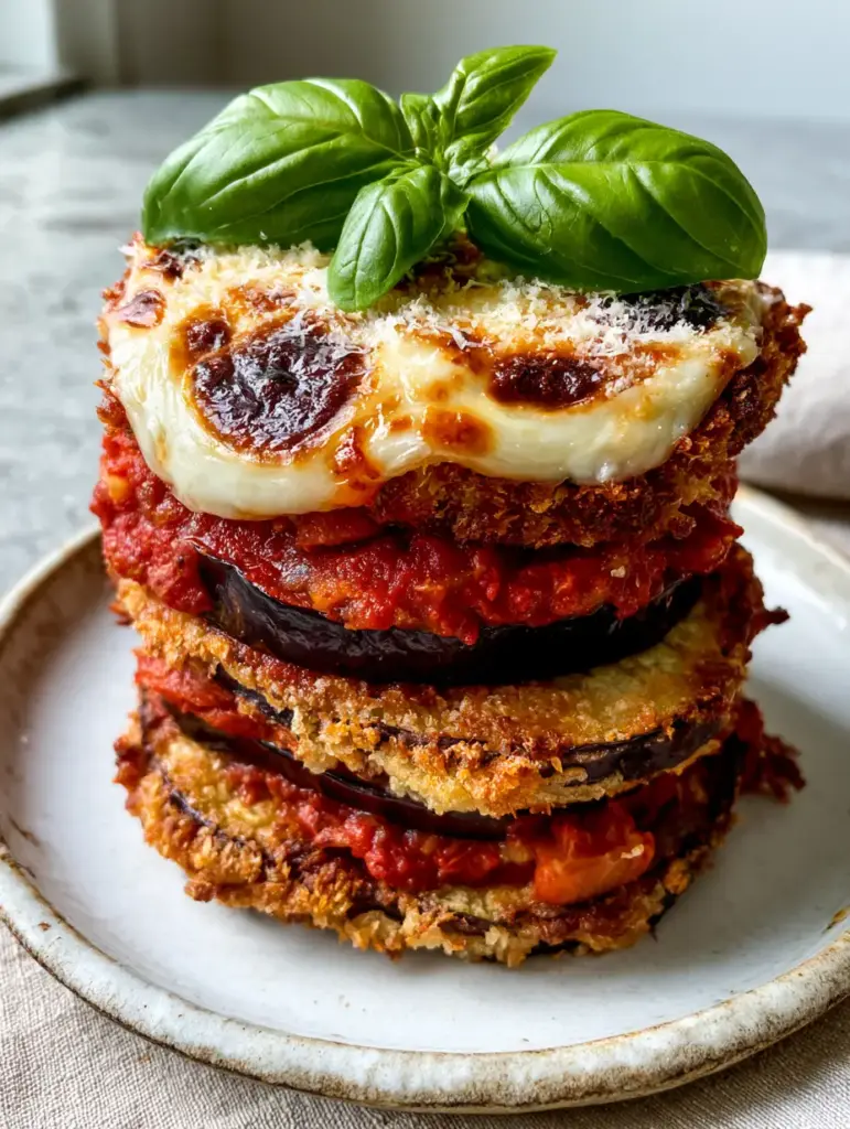 Side view of Oven Baked Eggplant Parmesan showing thick chunky marinara and charred mozzarella spots.