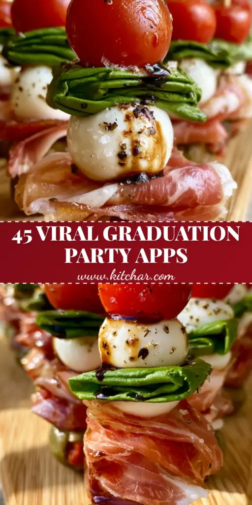 A wooden board displaying gourmet mini charcuterie skewers with pimento olives, folded prosciutto, mozzarella, and tomatoes. (Graduation party appetizers)