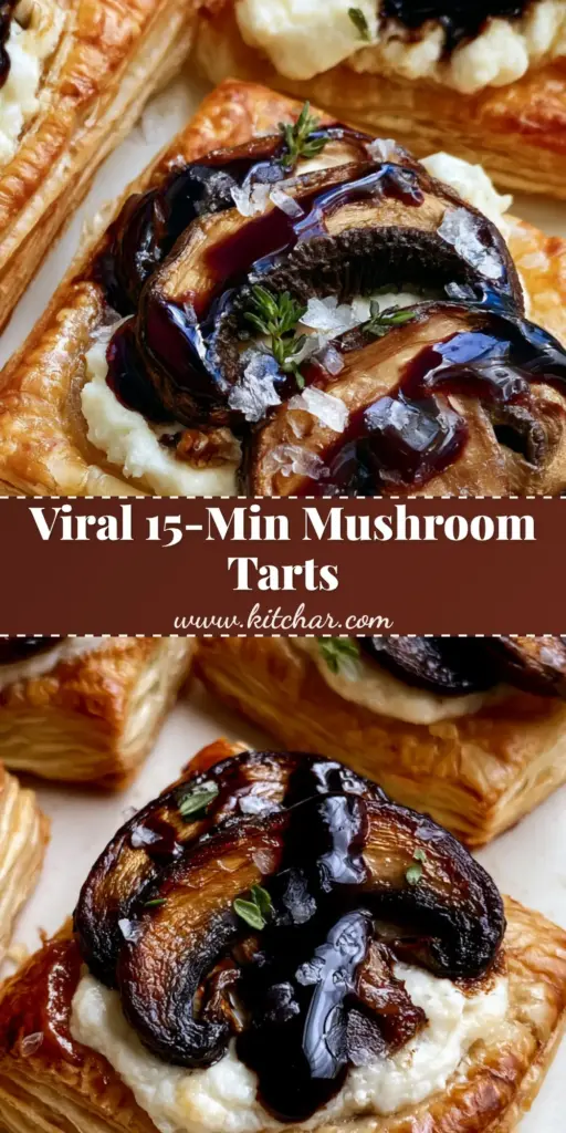 Balsamic Mushroom Goat Cheese Tarts with Flaky Puff Pastry 3 Overhead view of individual square Balsamic Mushroom Goat Cheese Tarts with flaky pastry and glossy balsamic drizzle.