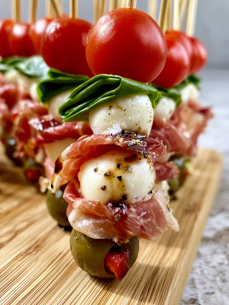 Close-up handheld photo of a bamboo skewer featuring prosciutto fat marbling and glistening balsamic glaze. (Graduation party appetizers)