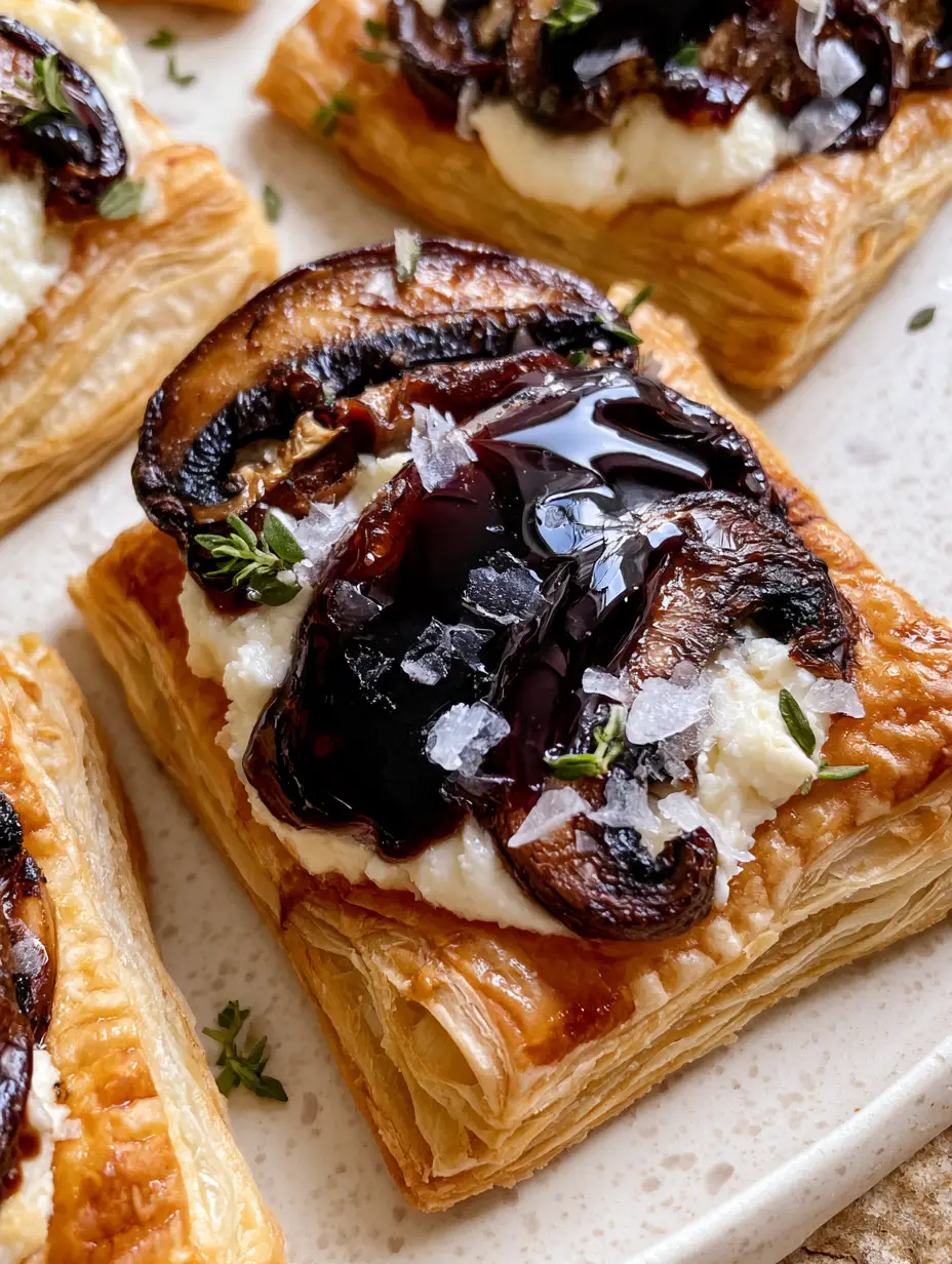 Balsamic Mushroom Goat Cheese Tarts with Flaky Puff Pastry 4 Close-up of flaky puff pastry layers and caramelized cremini mushrooms on a Balsamic Mushroom Goat Cheese Tart.