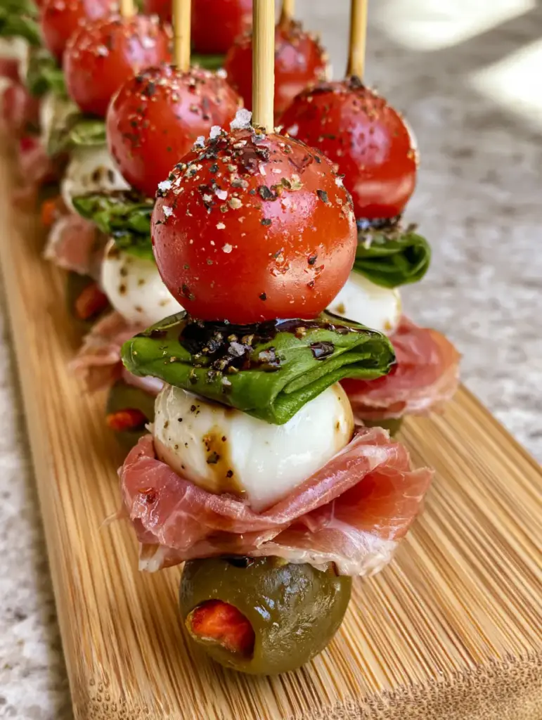 Natural light shot of multiple graduation party appetizers arranged on a stone countertop.