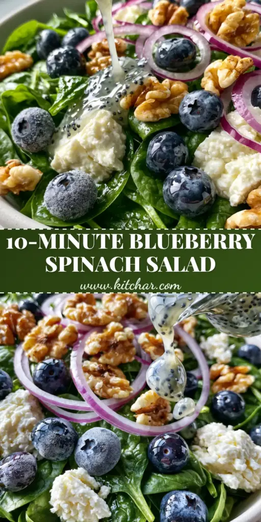 High-angle close-up of a Blueberry Spinach Salad in a white ceramic bowl with toasted walnuts and poppy seed dressing.