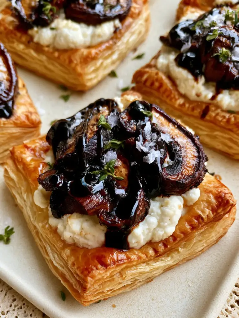 Balsamic Mushroom Goat Cheese Tarts with Flaky Puff Pastry 1 High-angle flat lay of three Balsamic Mushroom Goat Cheese Tarts showing thick balsamic glaze ribbons and thyme.