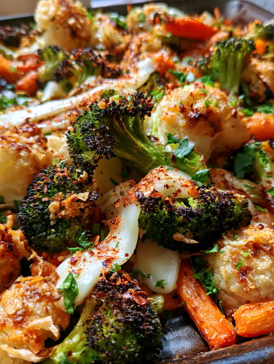 Vegetable side dishes: The Ultimate Cheesy Roasted Sheet Pan Medley 3 Close-up eye-level shot of roasted vegetable side dishes with charred edges and melted mozzarella ribbons on a dark baking sheet.
