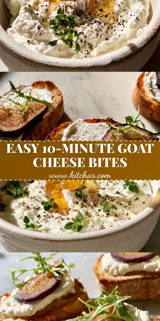 A vertical split-screen showing a macro view of whipped goat cheese with honey and figs on sourdough crostini. (goat cheese appetizer recipes)