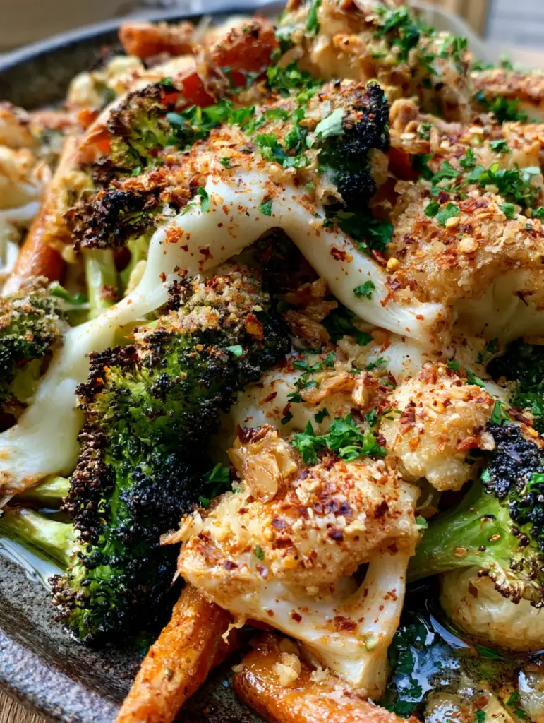 Vegetable side dishes: The Ultimate Cheesy Roasted Sheet Pan Medley 1 A heap of golden-brown cauliflower and carrots with a heavy parmesan cheese crust and toasted garlic bits. (vegetable side dishes)