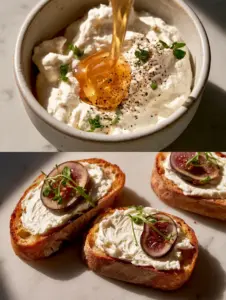 Macro close-up of airy whipped goat cheese with a thick golden honey drizzle and fresh thyme. (goat cheese appetizer recipes)