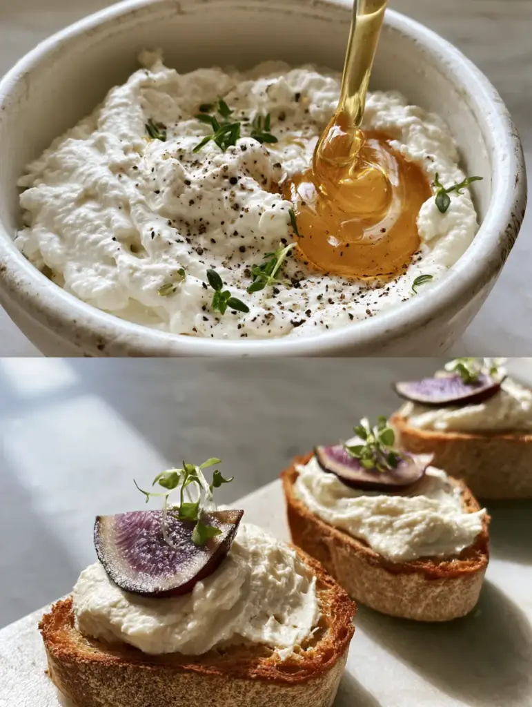 Three toasted sourdough crostinis topped with whipped goat cheese, purple fig slices, and micro-arugula. (goat cheese appetizer recipes)