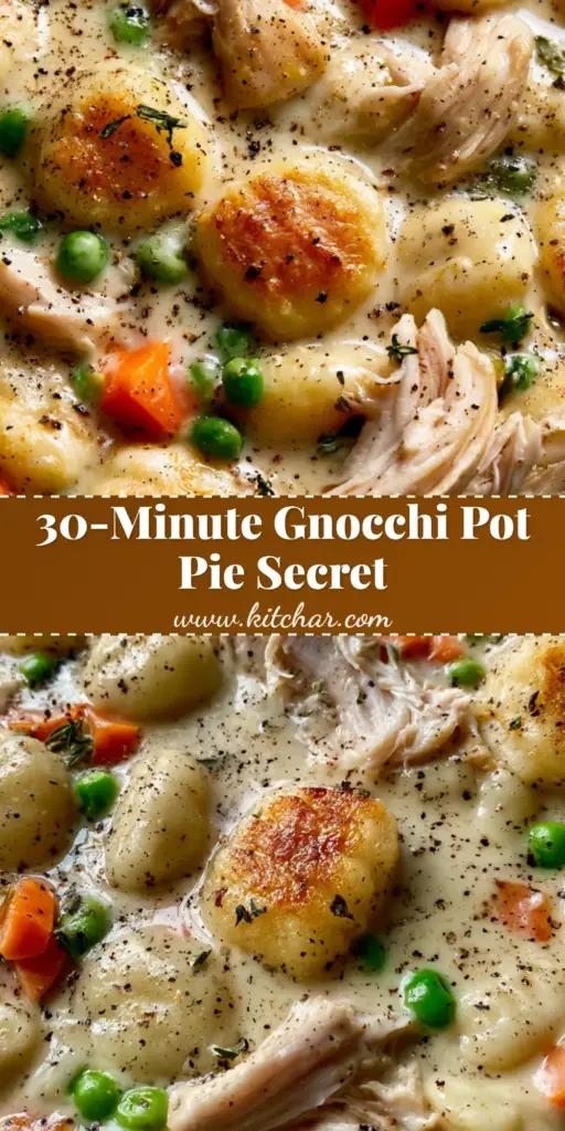 One Pot Gnocchi Chicken Pot Pie: A Golden, Creamy Comfort Food Masterpiece 4 A top-down photo of One Pot Gnocchi Chicken Pot Pie in a black skillet with golden seared gnocchi and bright green peas.