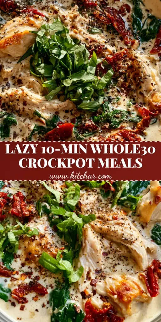 A close-up shot of creamy Tuscan chicken in a slow cooker with wilted spinach and sun-dried tomatoes. (Whole30 crockpot recipes)