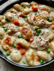 Close up of seared gnocchi and shredded chicken in a glossy ivory sauce for One Pot Gnocchi Chicken Pot Pie.