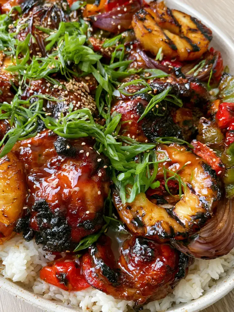 Baked Huli Huli Chicken with Caramelized Pineapple and Blistered Peppers 1 A smartphone photo of the completed baked huli huli chicken meal featuring jasmine rice and blistered peppers.