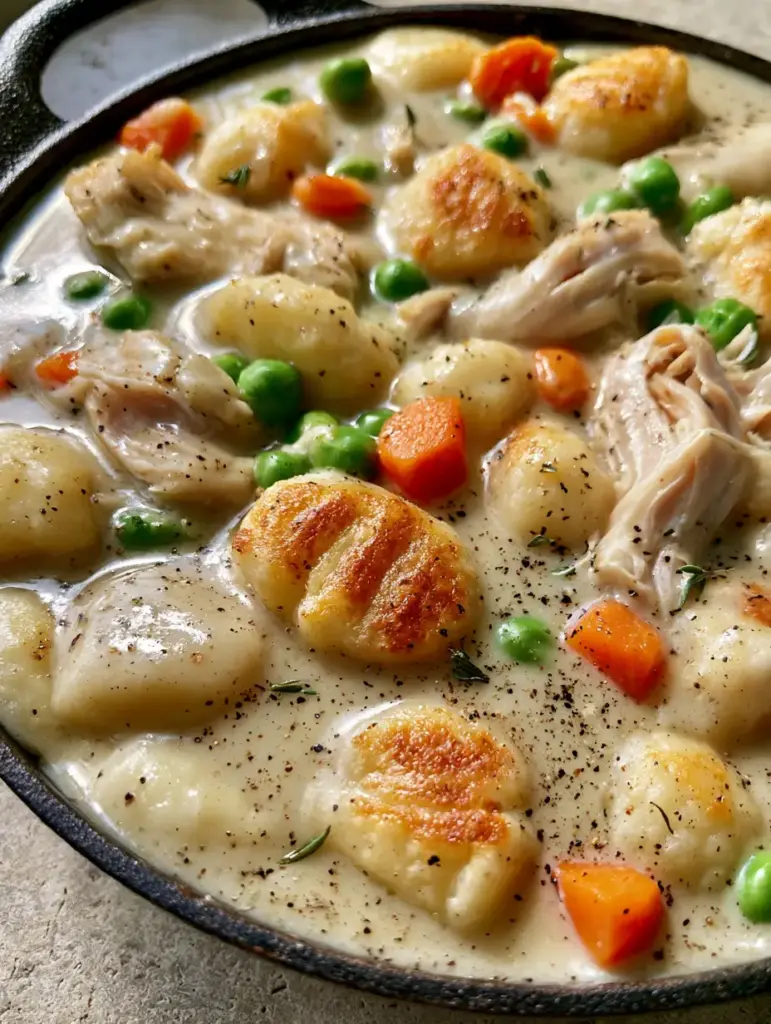 One Pot Gnocchi Chicken Pot Pie: A Golden, Creamy Comfort Food Masterpiece 1 Rustic cast iron skillet filled with One Pot Gnocchi Chicken Pot Pie featuring vibrant carrots and fresh thyme.