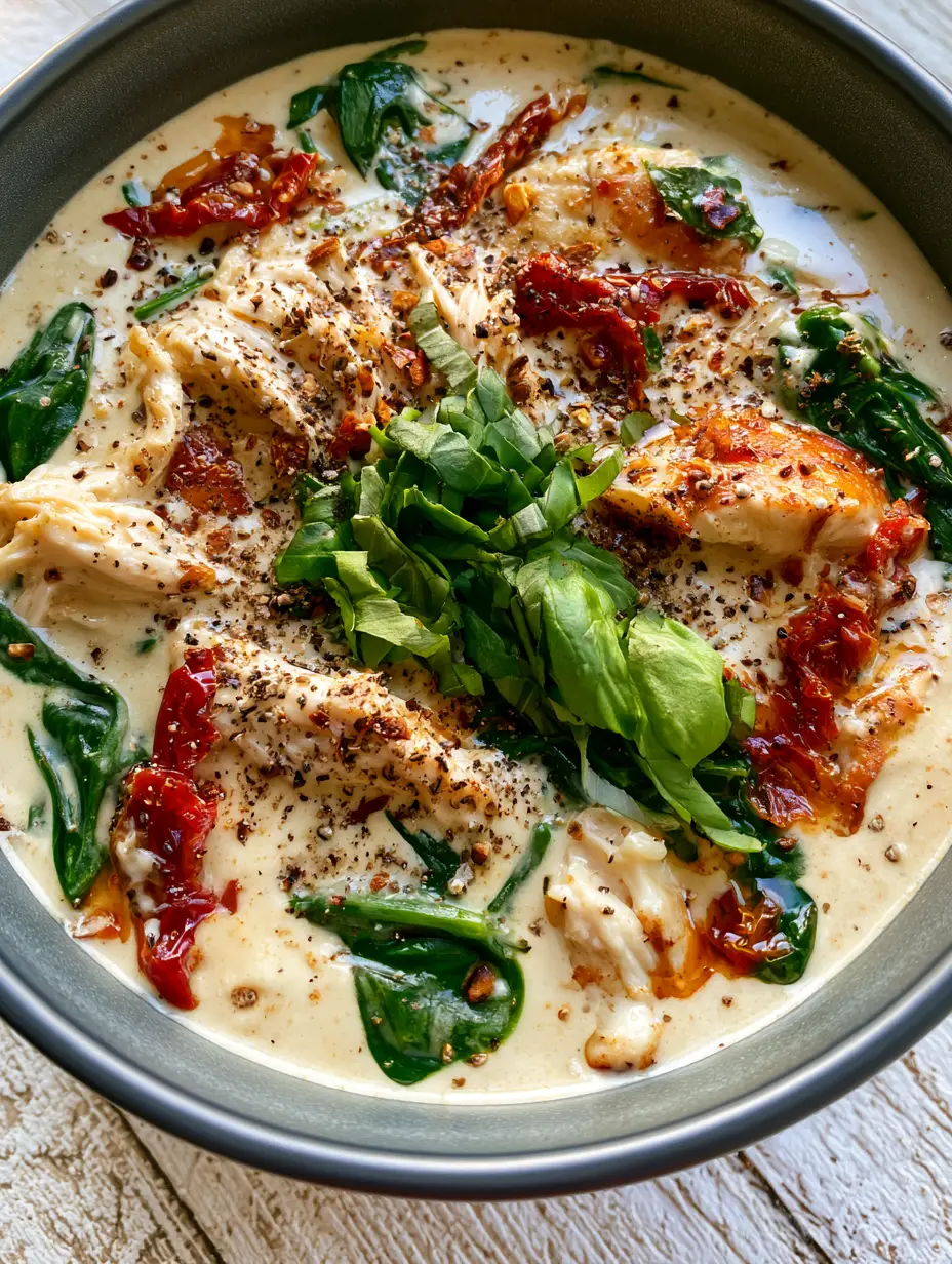 Top-down view of hand-shredded chicken in a velvety coconut cream sauce with basil chiffonade. (Whole30 crockpot recipes)