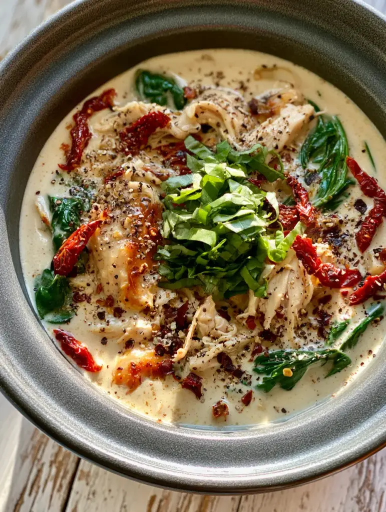 Detailed macro shot of wilted spinach and red chili flakes in an ivory garlic sauce. (Whole30 crockpot recipes)