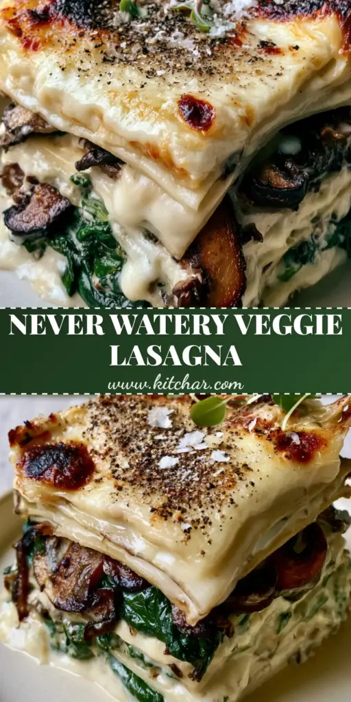 Creamy Spinach and Mushroom Lasagna with Velvety Bechamel and Toasted Parmesan 3 A tall square slice of creamy spinach and mushroom lasagna showing distinct layers of bechamel and emerald spinach on a matte plate.