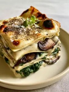 Close-up of caramelized mushrooms and bubbling cheese on top of a creamy spinach and mushroom lasagna.