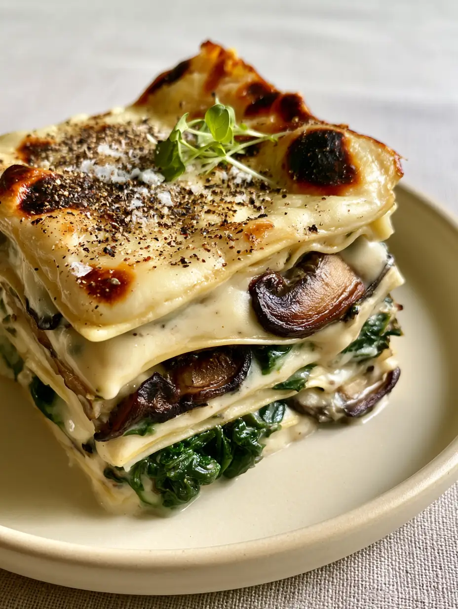 Creamy Spinach and Mushroom Lasagna with Velvety Bechamel and Toasted Parmesan 4 Close-up of caramelized mushrooms and bubbling cheese on top of a creamy spinach and mushroom lasagna.