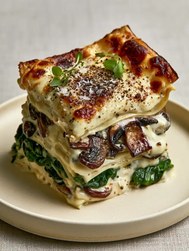 Creamy Spinach and Mushroom Lasagna with Velvety Bechamel and Toasted Parmesan 1 Cross-section of creamy spinach and mushroom lasagna showing firm pasta sheets and thick ivory bechamel.