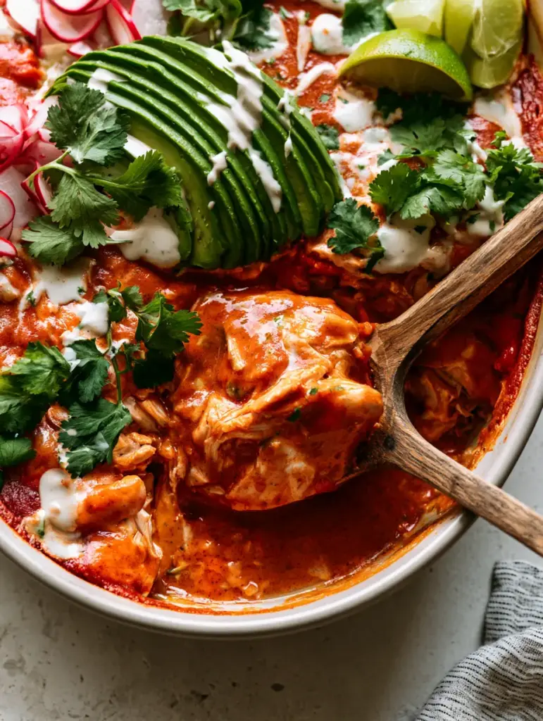 Home 6 Overhead shot of whole30 enchiladas showing shredded chicken and velvety red sauce.