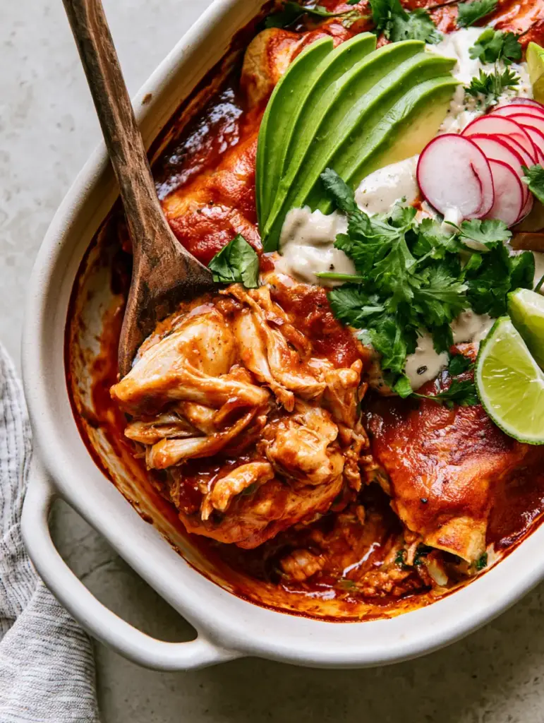 Whole30 Enchiladas with Shredded Chicken and Glossy Red Sauce 1 A wooden spoon lifting a scoop of whole30 enchiladas from a white ceramic dish.