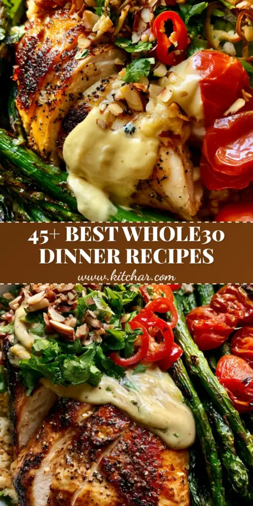 Whole30 Meals: Golden Pan-Seared Chicken with Creamy Cashew Garlic Sauce 4 A vibrant Whole30 meal bowl featuring golden-brown pan-seared chicken, roasted cauliflower rice, charred asparagus, and blistered tomatoes with a creamy cashew garlic drizzle. (Whole30 meals)