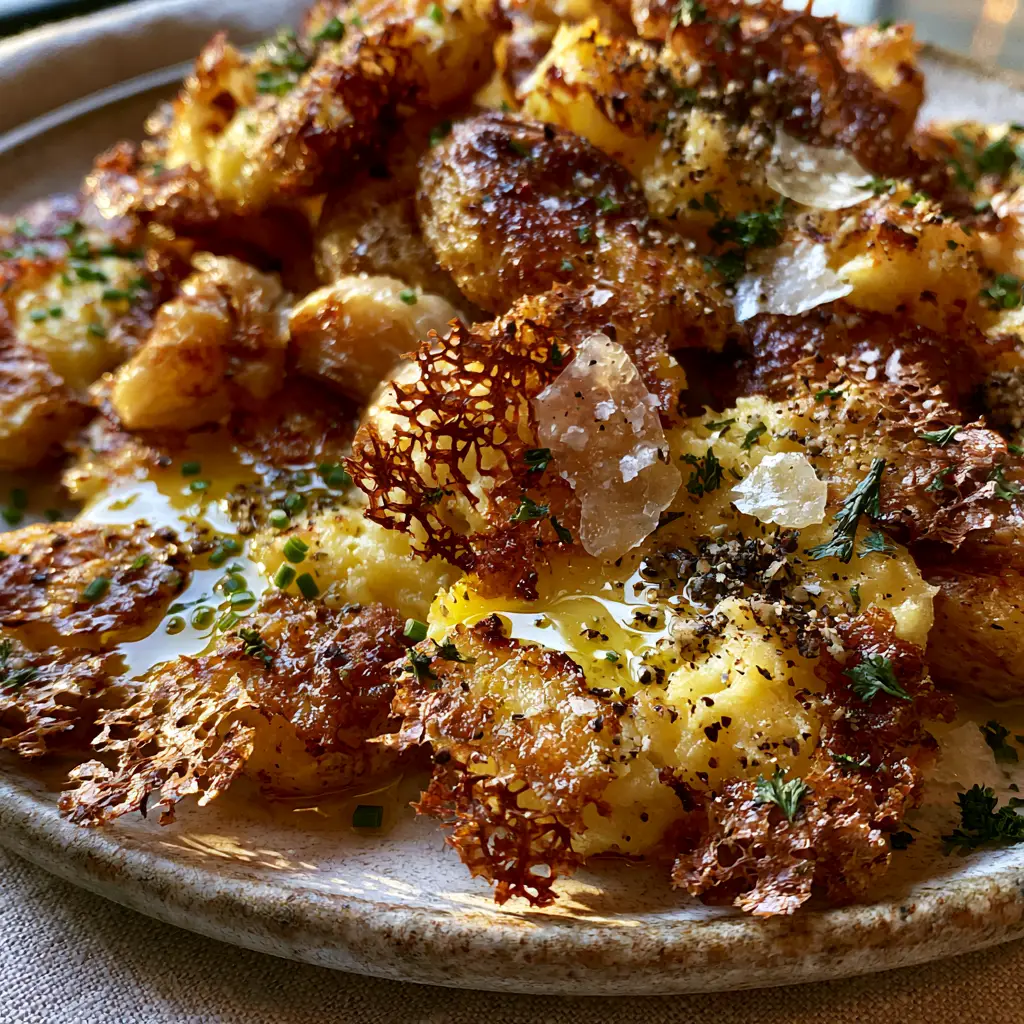 Baked Smashed Potatoes with Garlic Herb Butter and Roasted Garlic 2 Extreme close-up of Baked Smashed Potatoes showing the brittle, parchment-like crispy edges and glistening yellow garlic butter.