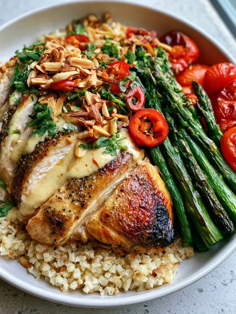 High-angle smartphone-style shot of a Whole30 chicken meal on a gray concrete background. (Whole30 meals)