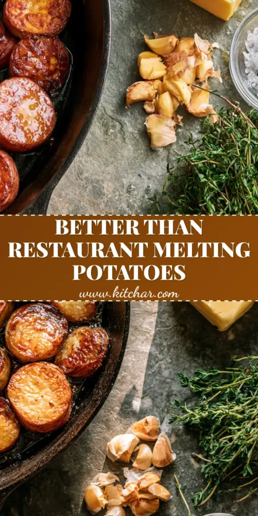 A cast iron skillet filled with melting potatoes featuring a deep mahogany crust and fresh thyme sprigs.