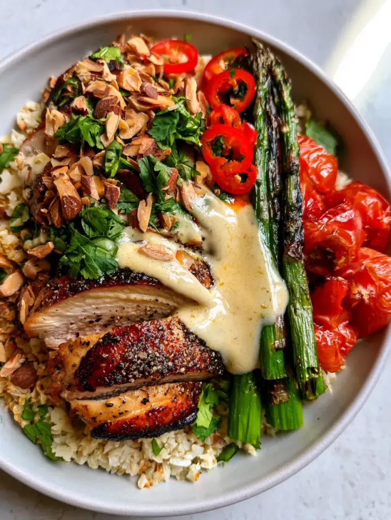 Whole30 Meals: Golden Pan-Seared Chicken with Creamy Cashew Garlic Sauce 1 Close-up of crispy chicken skin and blistered tomatoes in a healthy bowl. (Whole30 meals)
