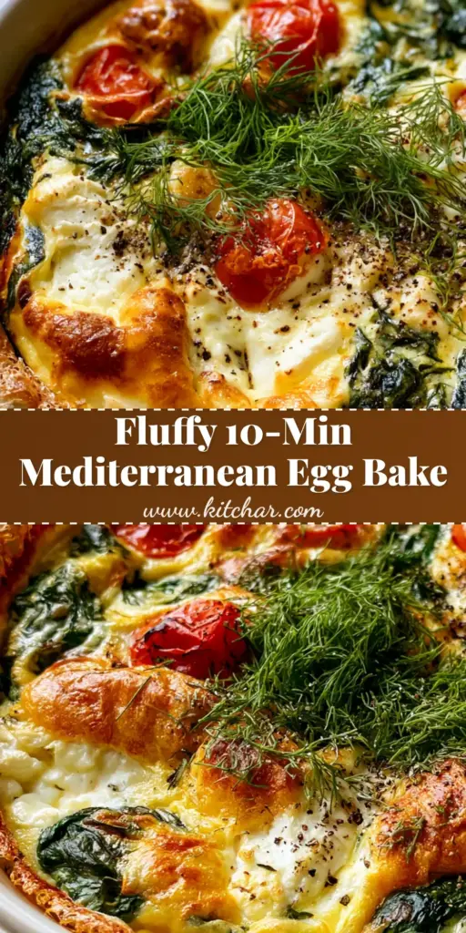 A handheld photo of a fluffy spinach feta egg bake with blistered cherry tomatoes and fresh dill in a white ceramic dish.