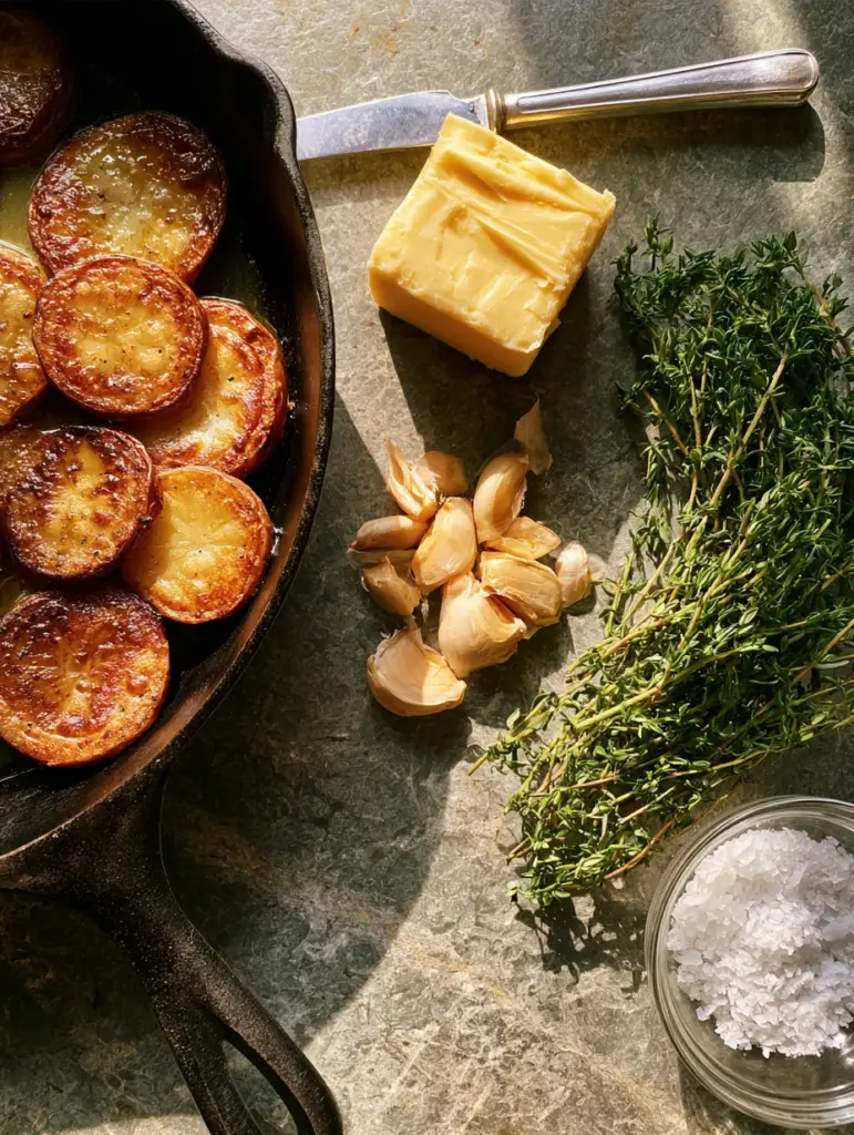 Top-down view of melting potatoes assembly with raw garlic, butter, and fresh thyme on a stone surface.
