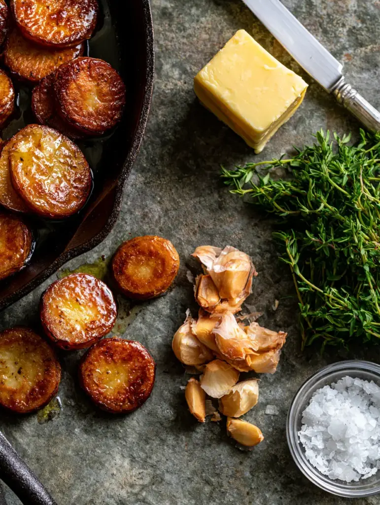Close up of seared melting potatoes in a cast iron skillet with melted butter and garlic.