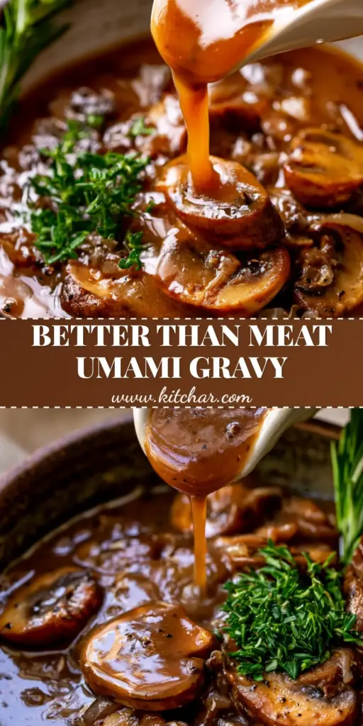 A close-up pour of thick, glossy mushroom gravy showing seared cremini slices and fresh thyme. (mushroom gravy recipe)