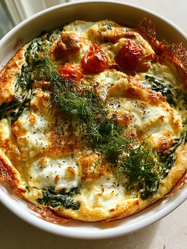 Close up of a golden-brown spinach feta egg bake showing aerated texture and melted feta pockets.