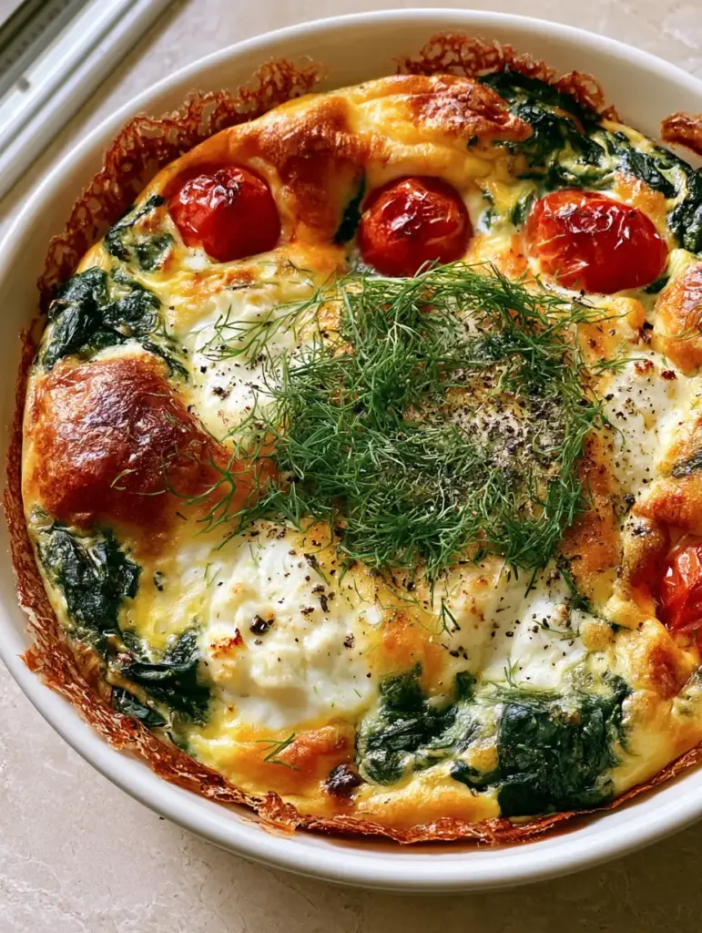 Overhead view of a spinach feta egg bake with blistered red cherry tomatoes and lacy caramelized edges.