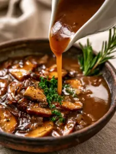Macro shot of deep amber mushroom gravy with suspended black pepper and shallots. (mushroom gravy recipe)