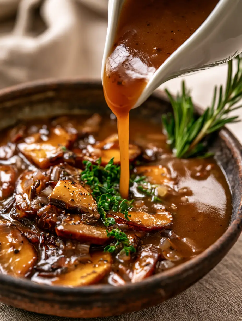 Macro shot of deep amber mushroom gravy with suspended black pepper and shallots. (mushroom gravy recipe)
