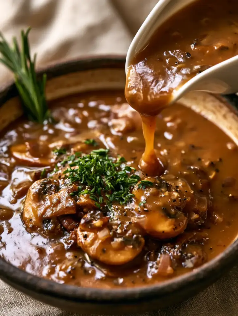 Seared cremini mushrooms partially submerged in a shimmering brown gravy reduction.
