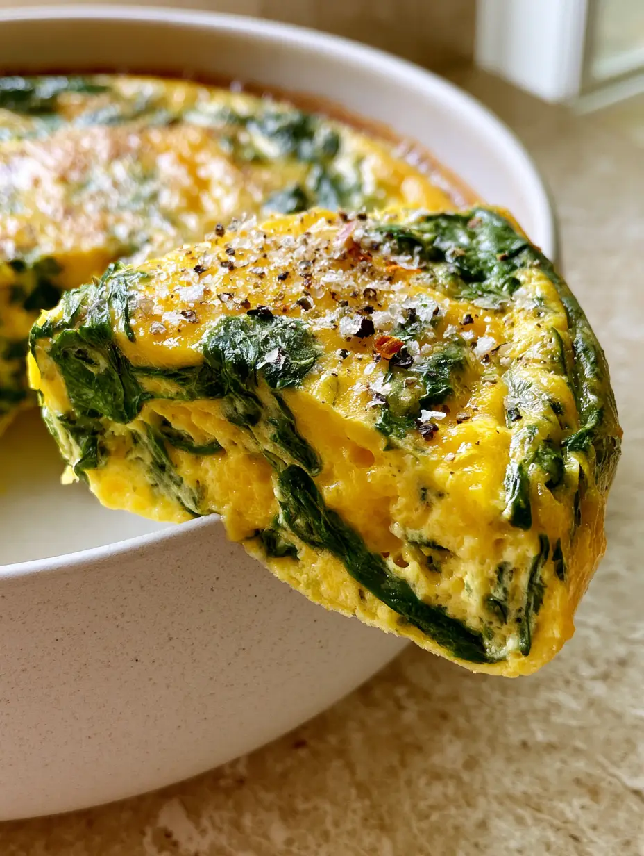 Close up of the souffle-like texture of a Spinach Cottage Cheese Egg Bake with marbled spinach and golden toasted surface.