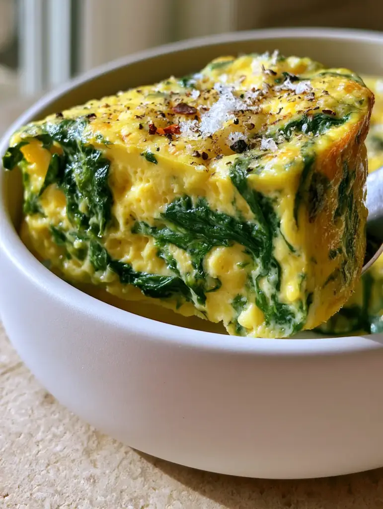 Spinach Cottage Cheese Egg Bake: The Ultimate High-Protein Soufflé-Style Breakfast 1 Handheld photo of a thick slice of Spinach Cottage Cheese Egg Bake being lifted from a matte white ceramic dish.