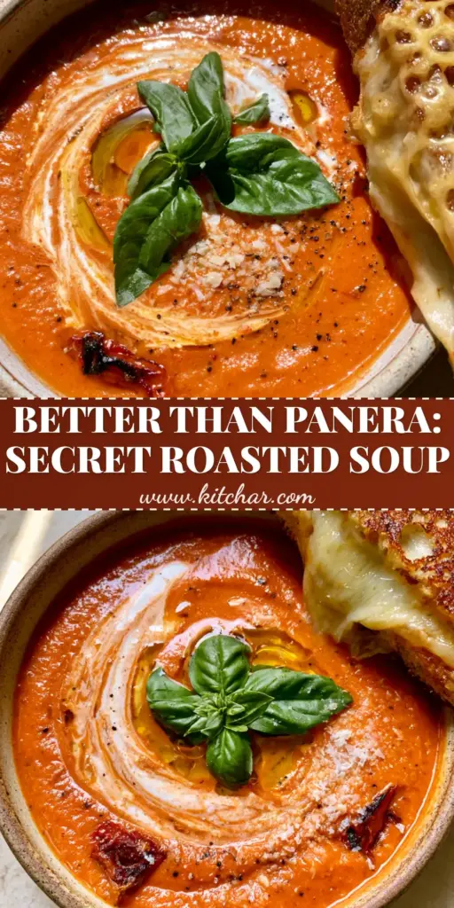 Tomato Basil Soup with Roasted Garlic and Gruyère Grilled Cheese 3 A top-down view of Tomato Basil Soup in a ceramic bowl with a cream swirl, fresh basil, and a sourdough gruyere grilled cheese on the side.