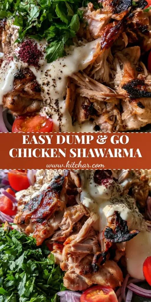 Slow Cooker Chicken Shawarma: The Ultimate Crispy & Juicy Mediterranean Feast 4 A close-up shot of slow cooker chicken shawarma shredded on a platter with garlic sauce, tomatoes, and parsley.