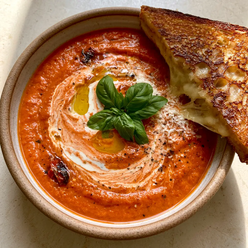 Tomato Basil Soup with Roasted Garlic and Gruyère Grilled Cheese 2 Close up photo of Tomato Basil Soup showing charred tomato bits, heavy cream swirl, and fresh green basil garnish.