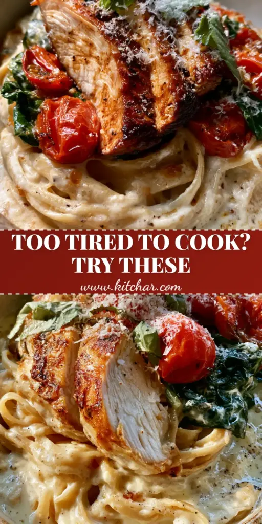 A tall Pinterest pin showing a close-up of creamy Tuscan garlic chicken pasta with fettuccine, blistered tomatoes, and fresh basil. (recipe ideas)