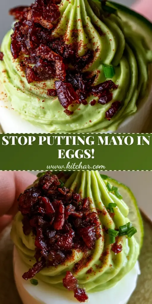 Avocado Deviled Eggs: The Ultimate Creamy, Crispy Appetizer Recipe 3 A close-up shot of avocado deviled eggs with vibrant green filling and crispy bacon bits. (avocado deviled eggs)