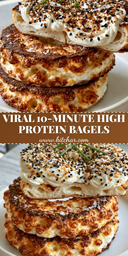 A stack of three Cottage Cheese Flagels with golden brown melted cheese bubbles and a heavy coating of everything bagel seasoning on whipped cream cheese.