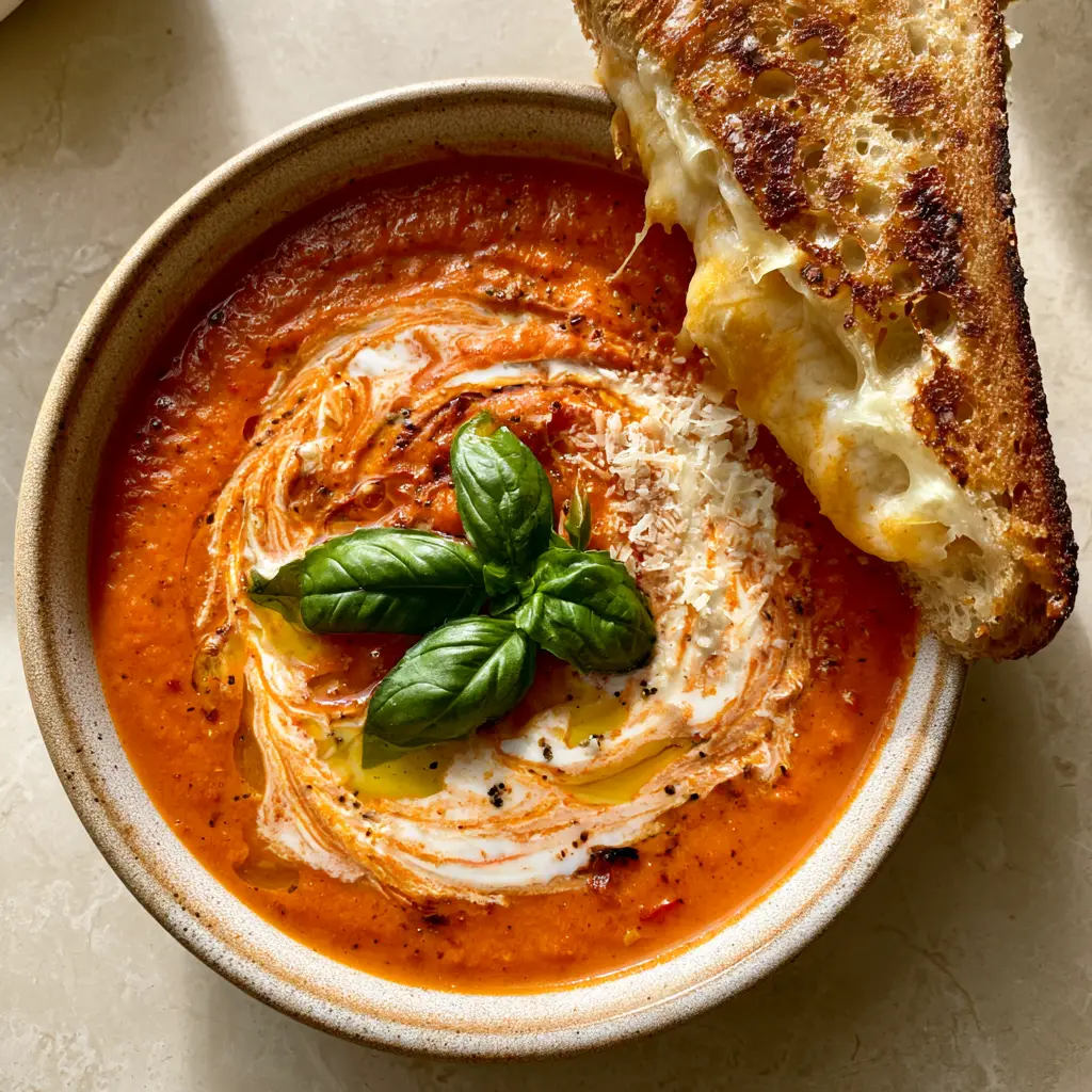 Tomato Basil Soup with Roasted Garlic and Gruyère Grilled Cheese 1 A thick sourdough grilled cheese sandwich with melted bubbly gruyere cheese next to a bowl of Tomato Basil Soup.