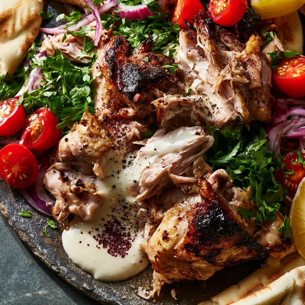 Slow Cooker Chicken Shawarma: The Ultimate Crispy & Juicy Mediterranean Feast 2 Top-down view of slow cooker chicken shawarma with charred edges and ivory garlic sauce on a rustic slate platter.